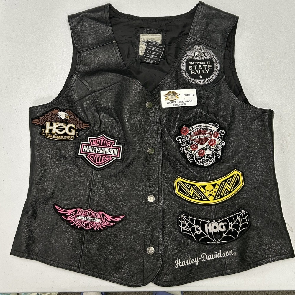 Harley-Davidson Leather Vest Women XL Black Patched H.O.G. Snap Front Laced Side